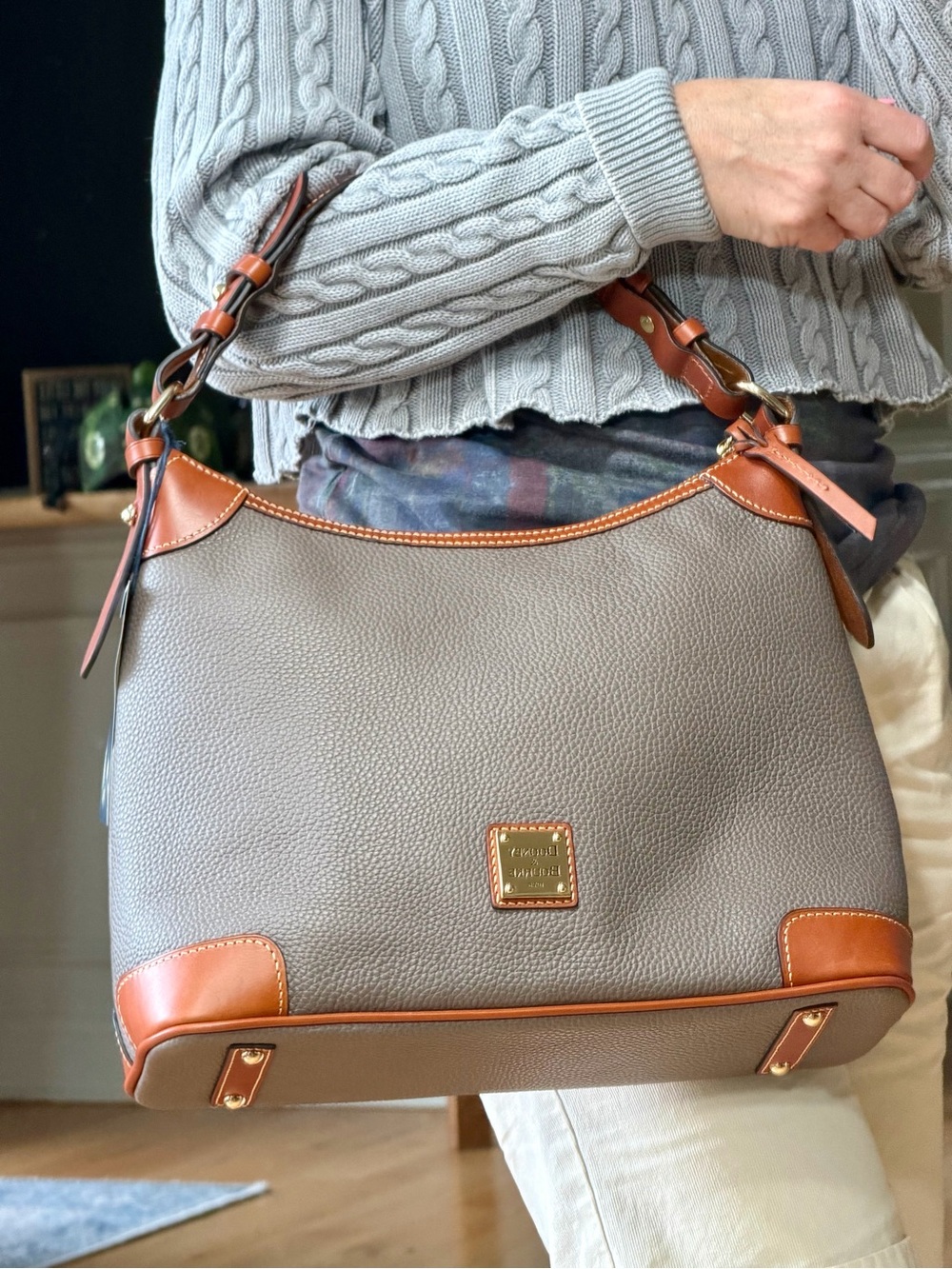 Dooney & Bourke Classic Pebble Grain Hobo‎ Elephant Grey/British Tan Leather NWT